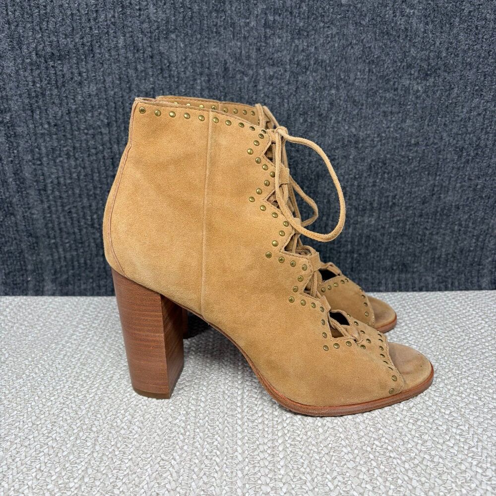 Frye Gabby Ghillie Studded Shooties Brown Suede Heeled Boots Lace Peep Toe 10